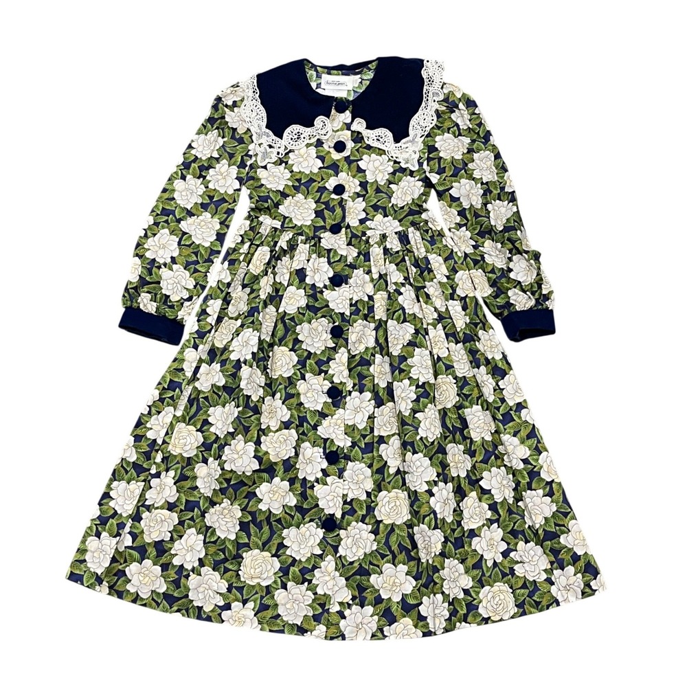 Bonnie Jean Dress Floral Velvet Navy Blue White Roses Lace Collar‎ Girls's 7